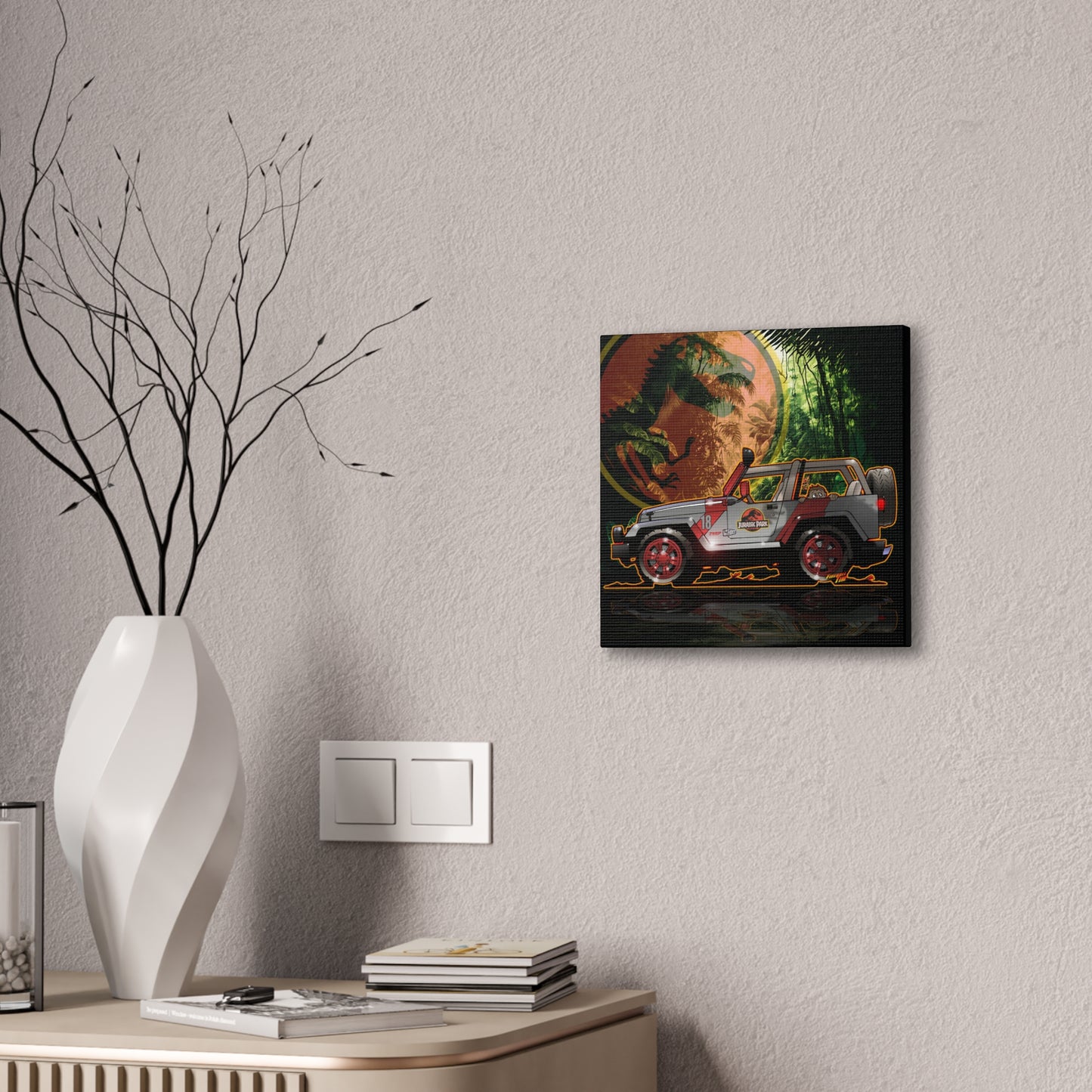 JURASSIC PARK JEEP Canvas Art Print - 2 Sizes, Nostalgic Wall Decor for Dinosaur Lovers, Adventure Theme Art, Movie Art