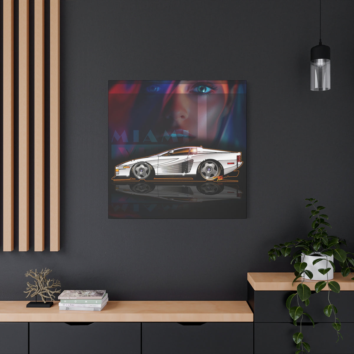 MIAMI VICE FERRARI TESTAROSSA Fireball Canvas Art Wall Print - 12x12