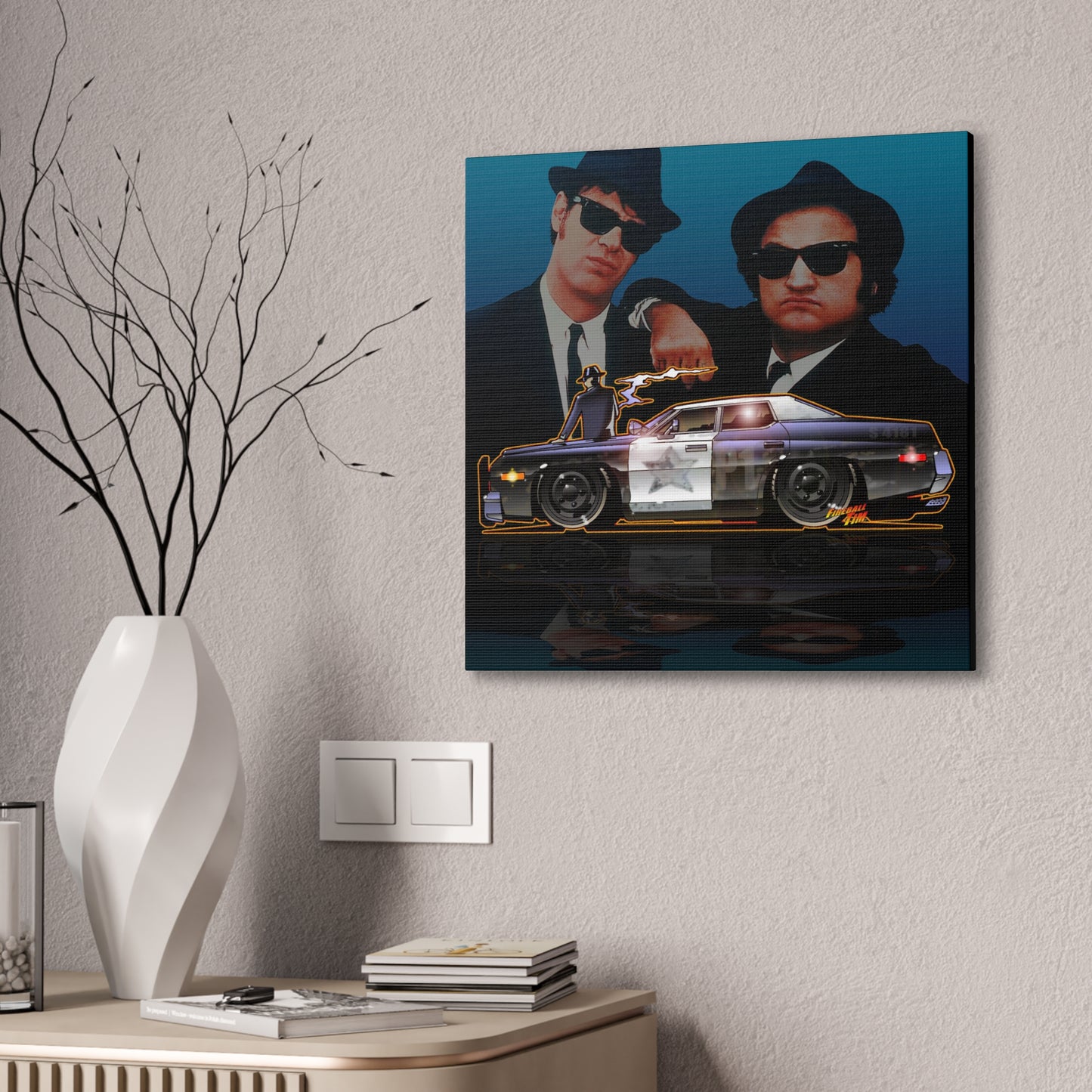 Retro BLUES BROTHERS BLUESMOBILE Canvas Art - Cool Car & Iconic Duo 2 Sizes