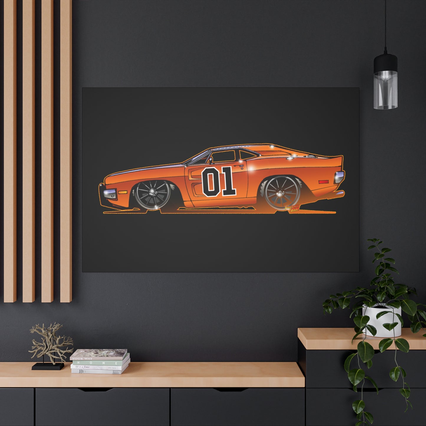 DUKES OF HAZZARD General Lee Dodge Charger Fireball Art Canvas Wall Print