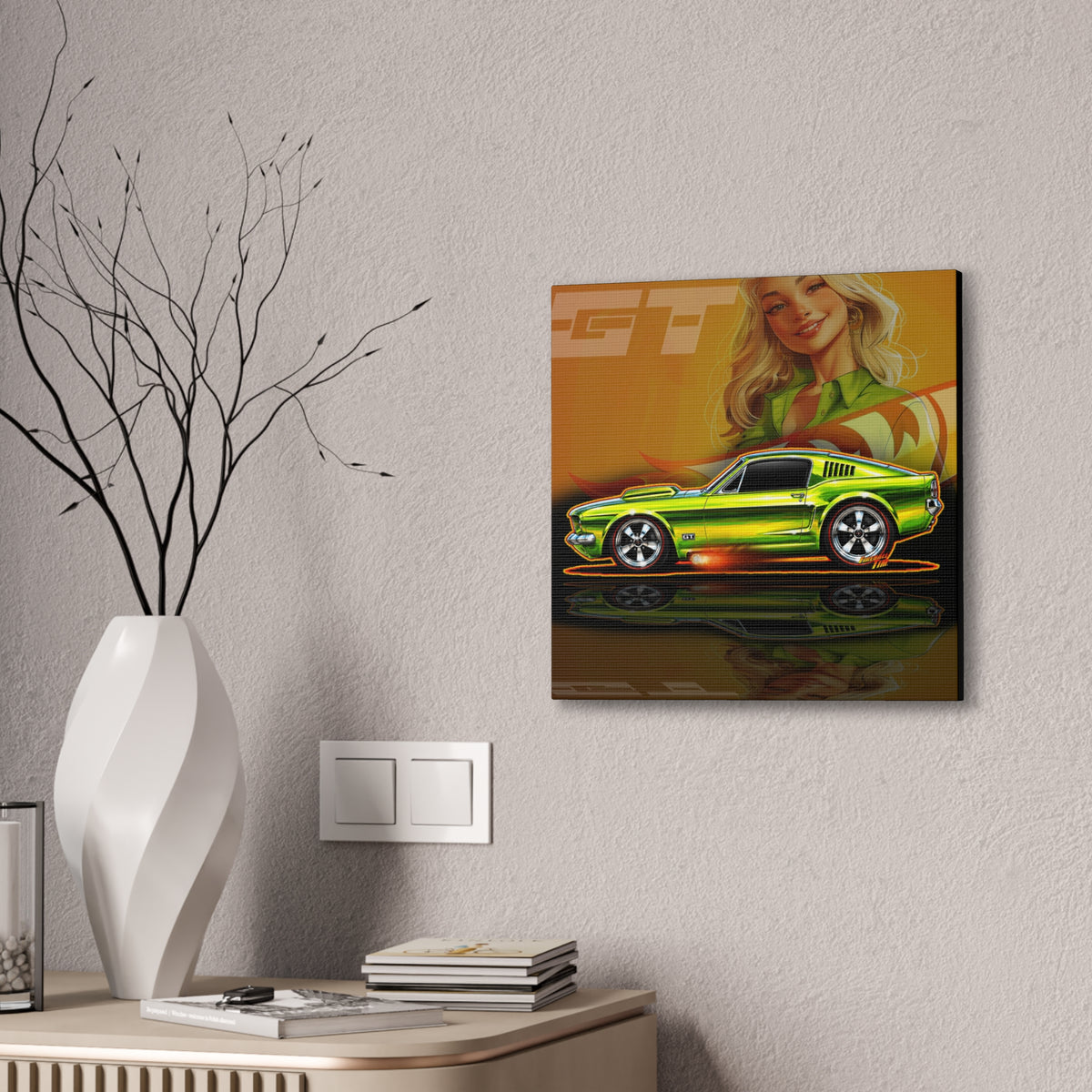 HOT WHEELS Sweet 16 MUSTANG GT Collectible Fireball Art Canvas Stretched Print - Green