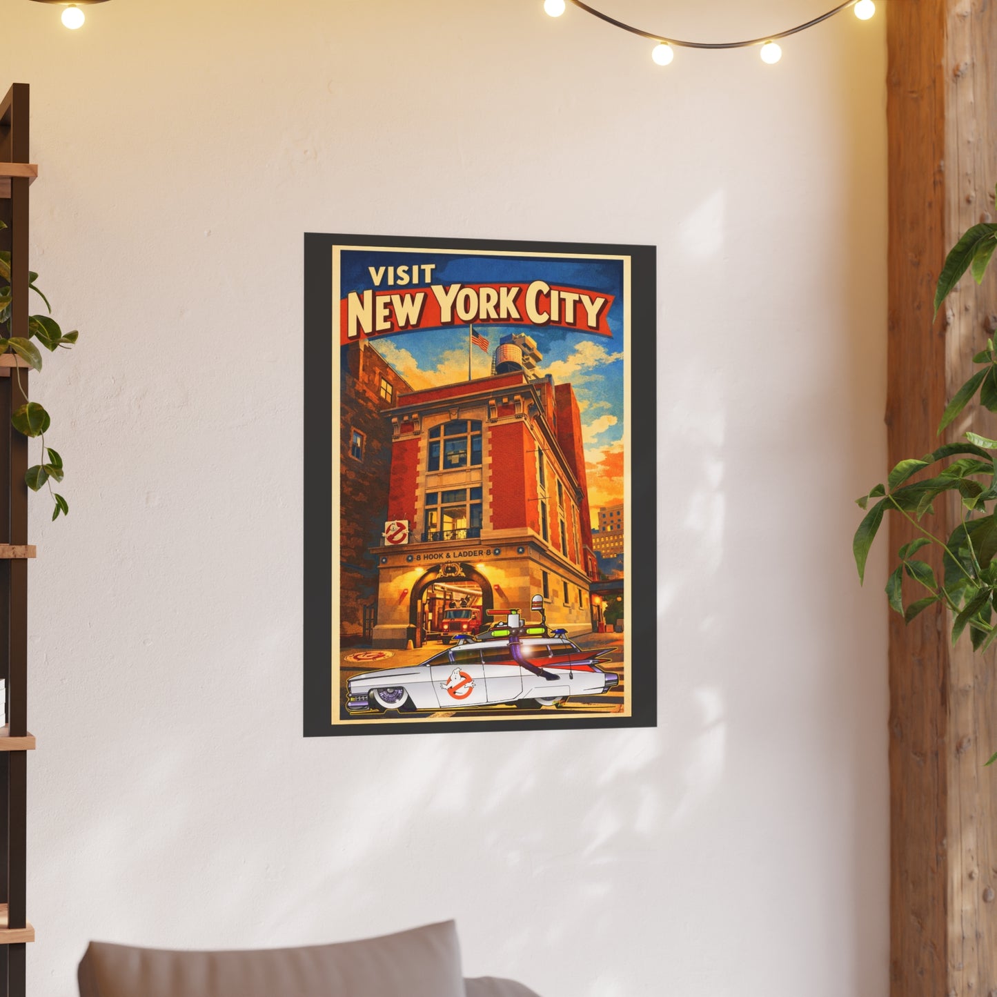 VISIT NEW YORK CITY Vintage Ghostbusters Cadillac Ambulance Fireball Art Travel Poster