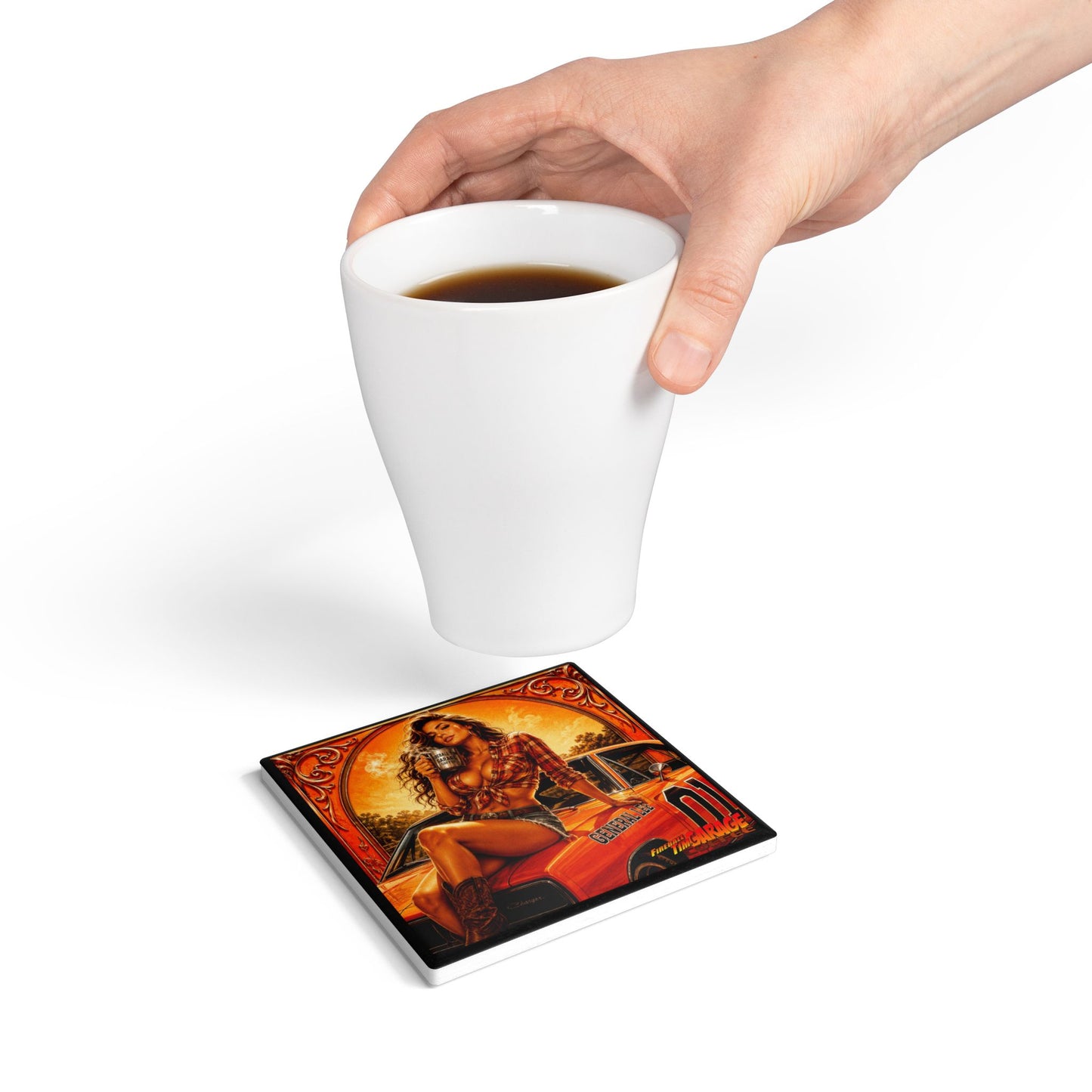 HIGH-OCTANE HAZZARD Pinup Muscle Car Ceramic Coffee Coaster — Retro Garage 'General Lee' Dukes of Hazzard