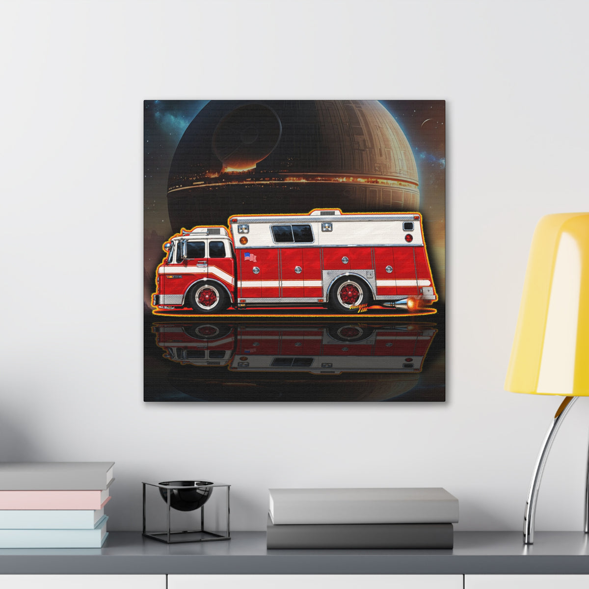 FIRE TRUCK Collectible Fireball Art Canvas Stretched Print