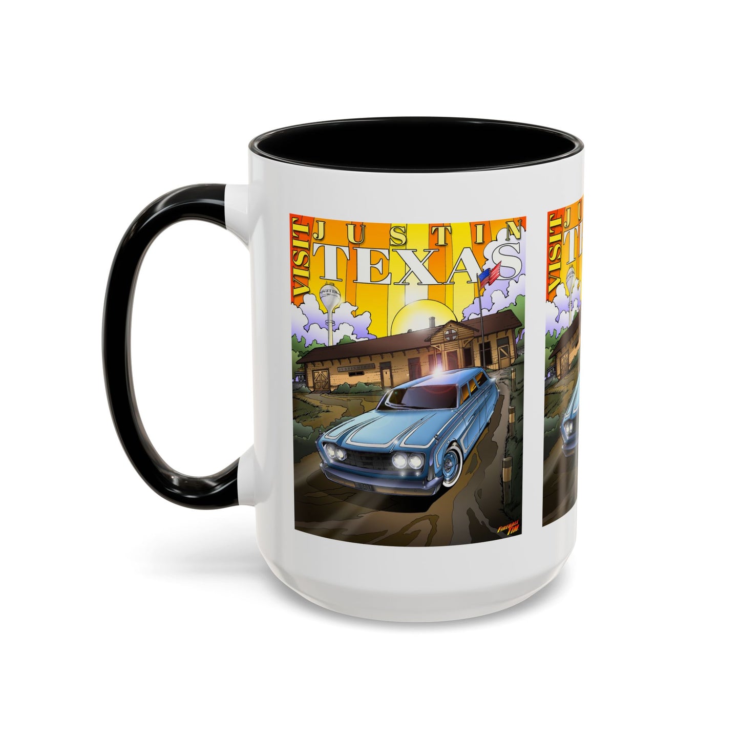 VISIT JUSTIN TEXAS 1960 Ford Ranch Wagon Fireball Art Coffee Mug