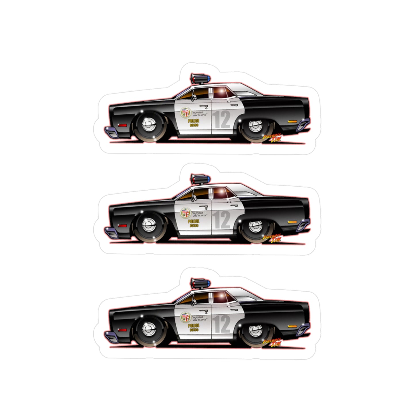 ADAM 12 PLYMOUTH POLICE CAR Fireball Art Collectible Decal Stickers - 4 Sizes
