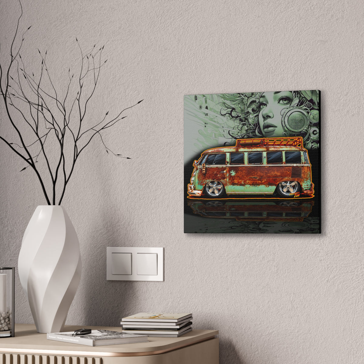 KUSTOM VW VOLKSWAGEN BUS Collectible Fireball Art Canvas Stretched Print