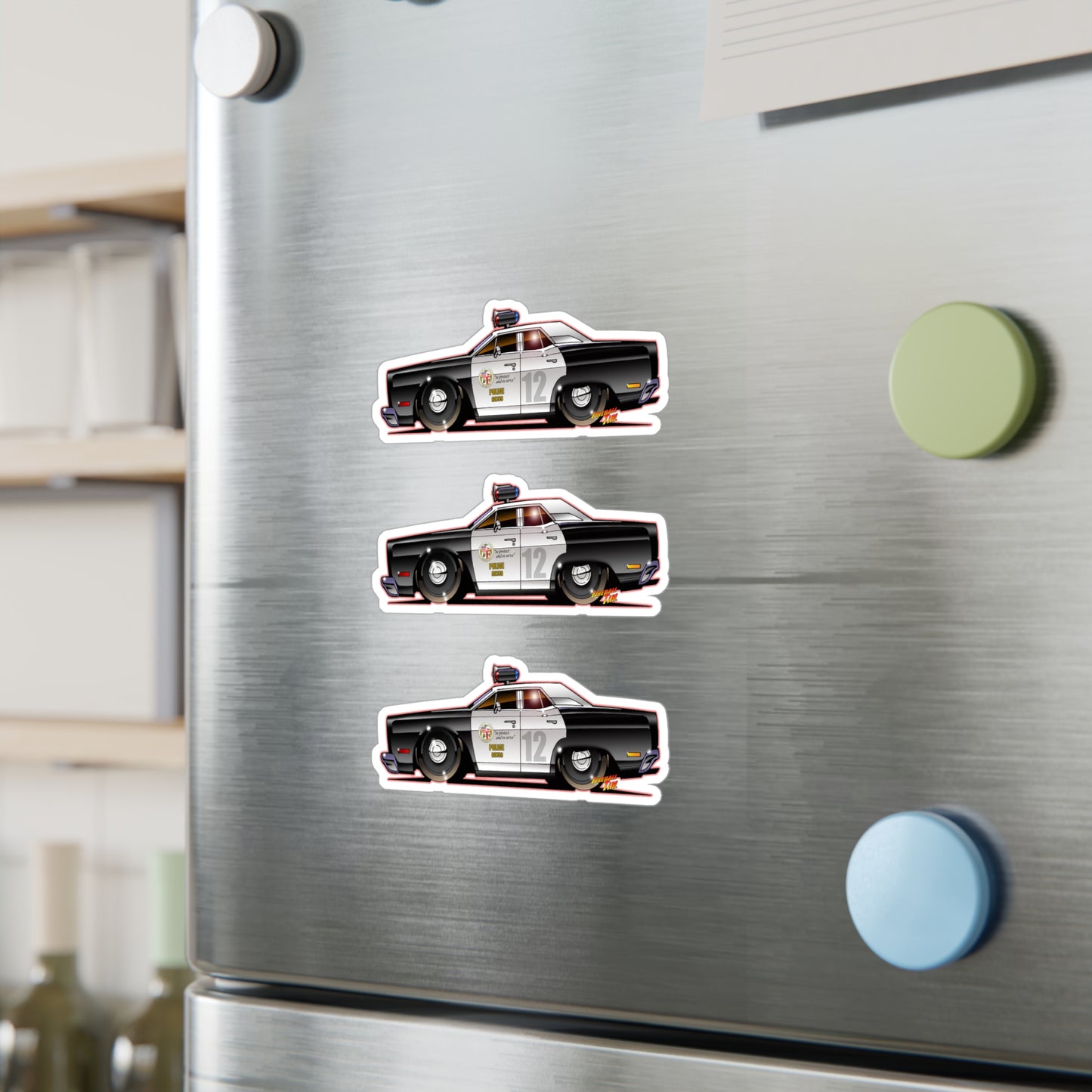 ADAM 12 PLYMOUTH POLICE CAR Fireball Art Collectible Decal Stickers - 4 Sizes