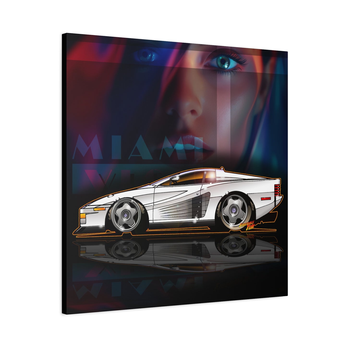 MIAMI VICE FERRARI TESTAROSSA Fireball Canvas Art Wall Print - 12x12
