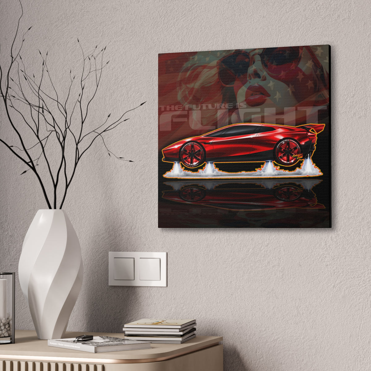 TESLA FLYING ROADSTER Collectible Fireball Art Canvas Stretched Print
