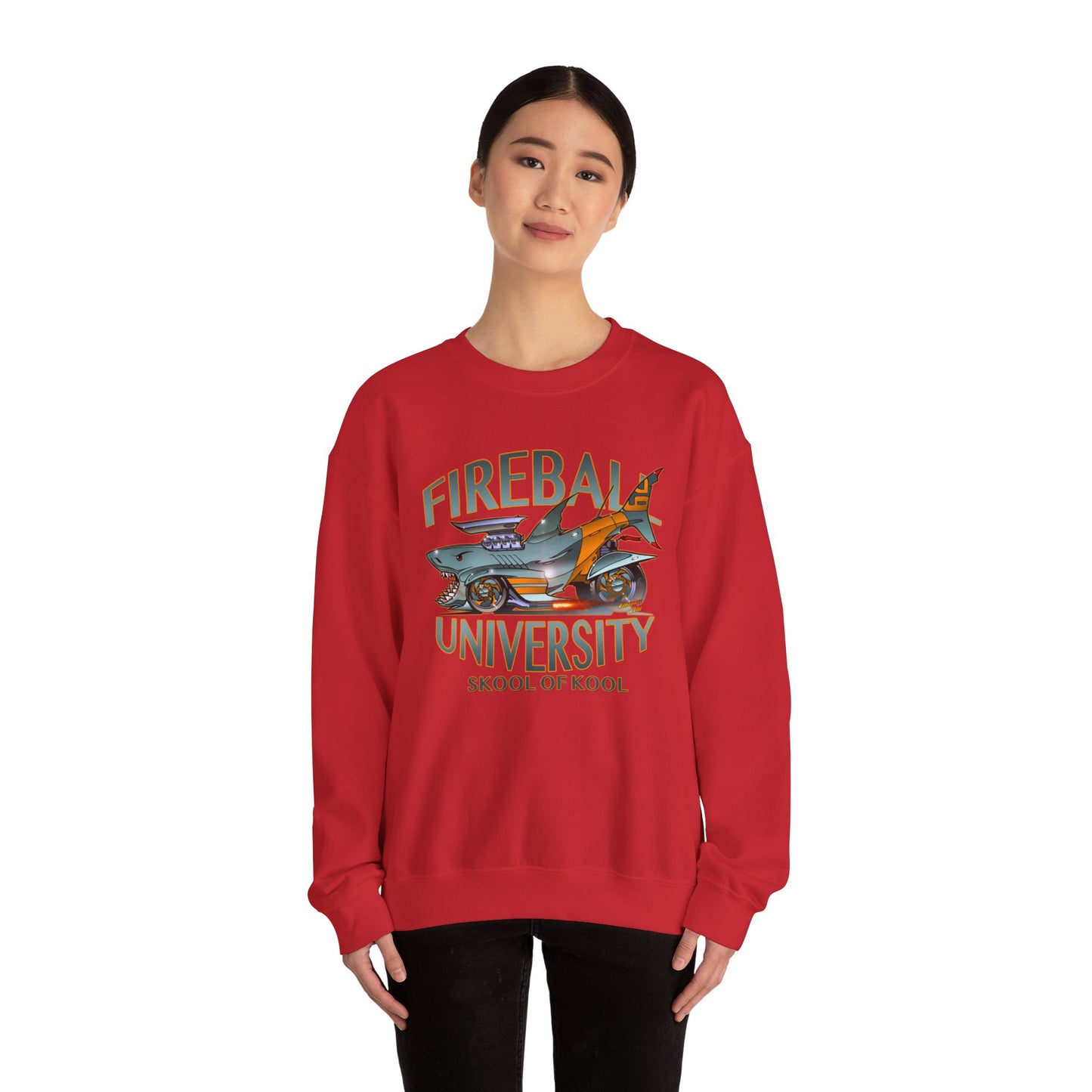 FIREBALL UNIVERSITY Skool of Kool Maneater Shark Hot Rod Concept Art Sweatshirt 5 Colors