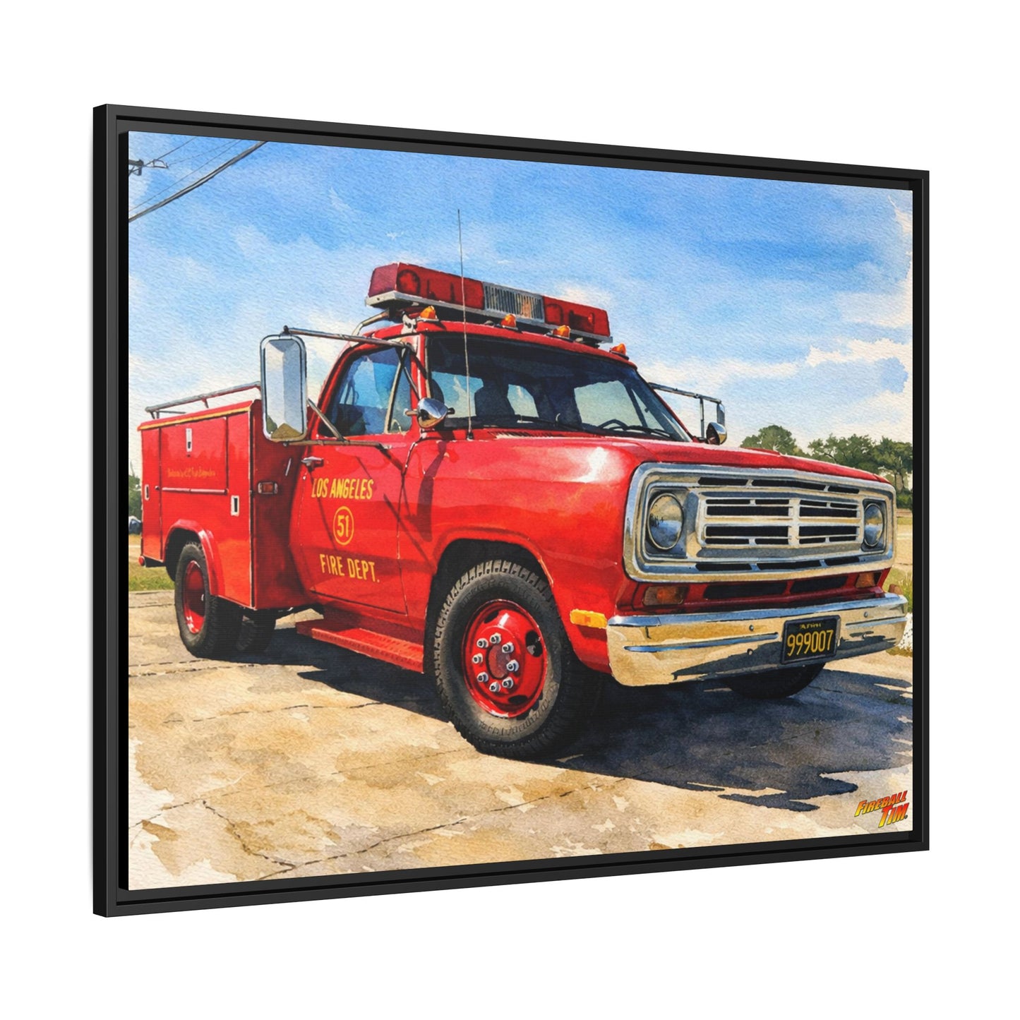 EMERGENCY SQUAD 51 WATERCOLOR PAINTING Fireball TV Car Canvas Print - Framed | Wall Art 24x18