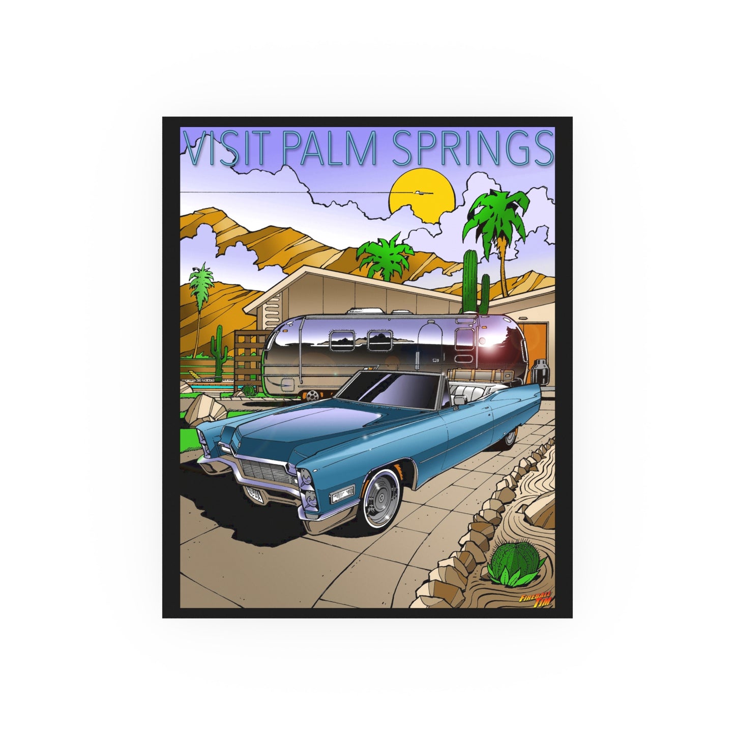 VISIT PALM SPRINGS Vintage 1965 Cadillac and Trailer Satin/Matte Fireball Art Poster