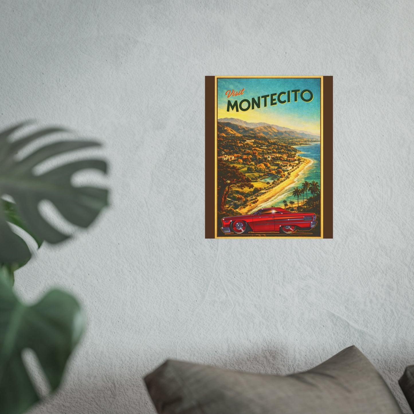 VISIT MONTECITO CALIFORNIA Ford Galaxie 500 Vintage Fireball Art Travel Poster