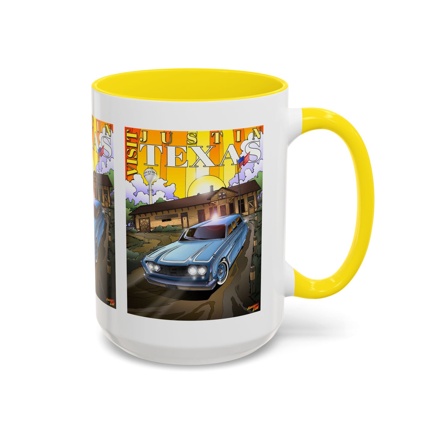 VISIT JUSTIN TEXAS 1960 Ford Ranch Wagon Fireball Art Coffee Mug
