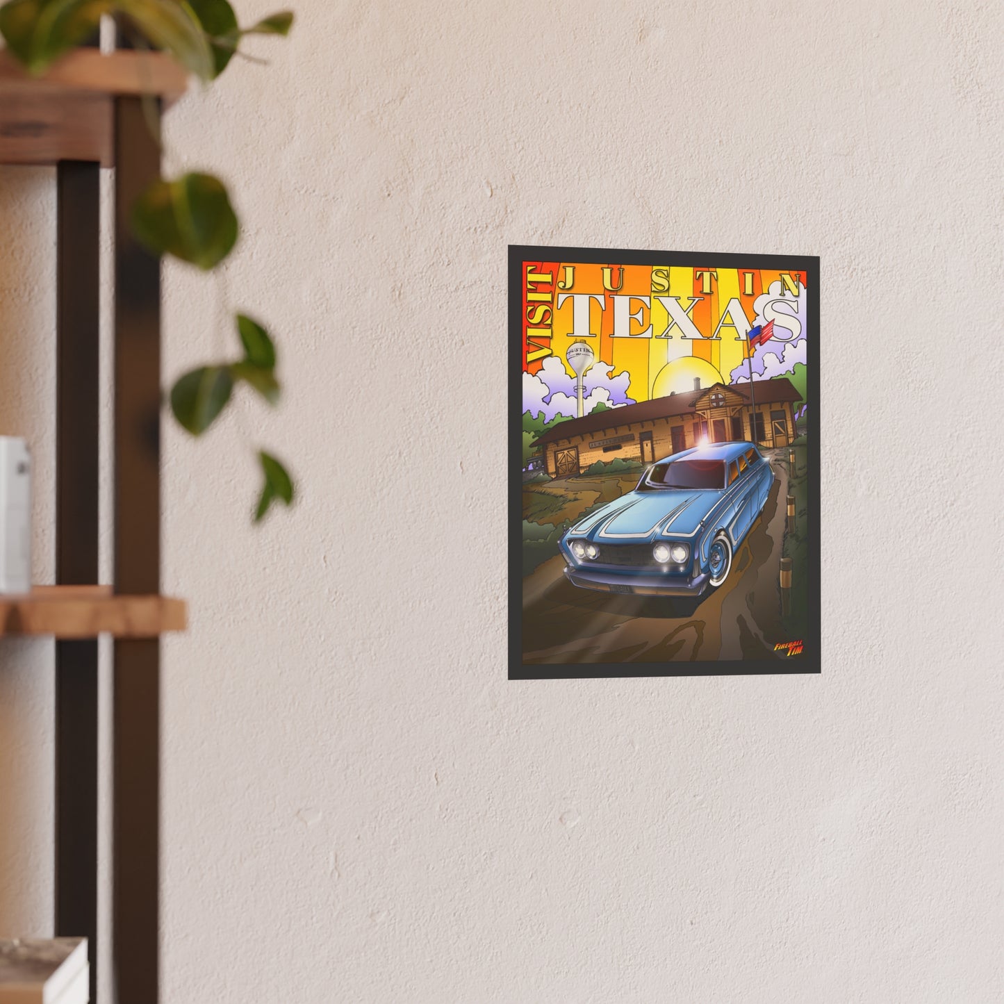 VISIT JUSTIN TEXAS Vintage 1960 Ford Ranch Wagon Satin/Matte Fireball Art Poster