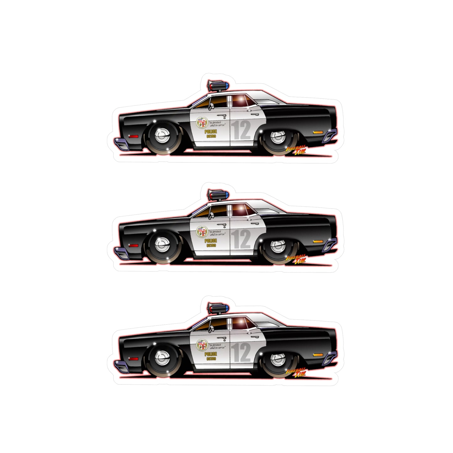 ADAM 12 PLYMOUTH POLICE CAR Fireball Art Collectible Decal Stickers - 4 Sizes