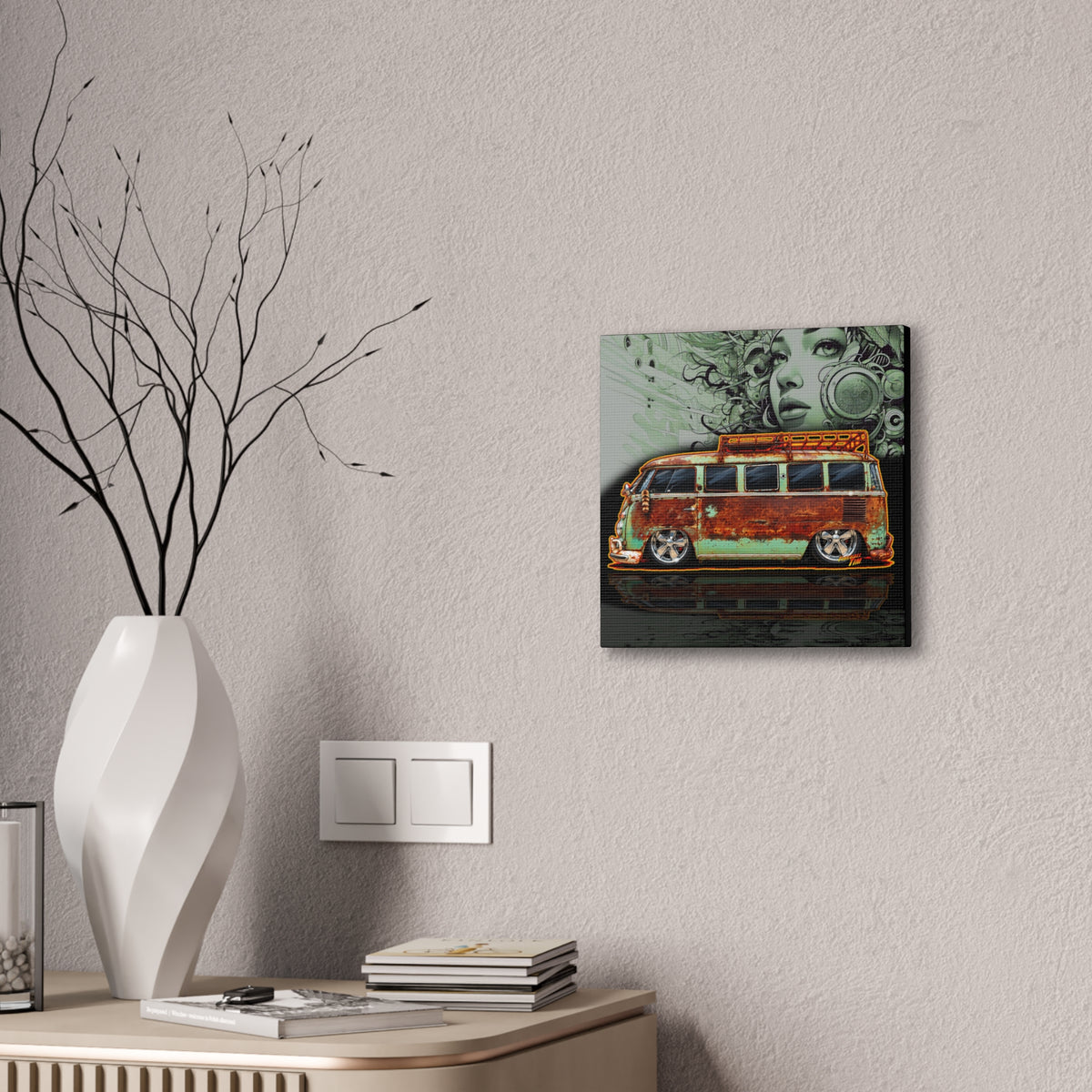 KUSTOM VW VOLKSWAGEN BUS Collectible Fireball Art Canvas Stretched Print
