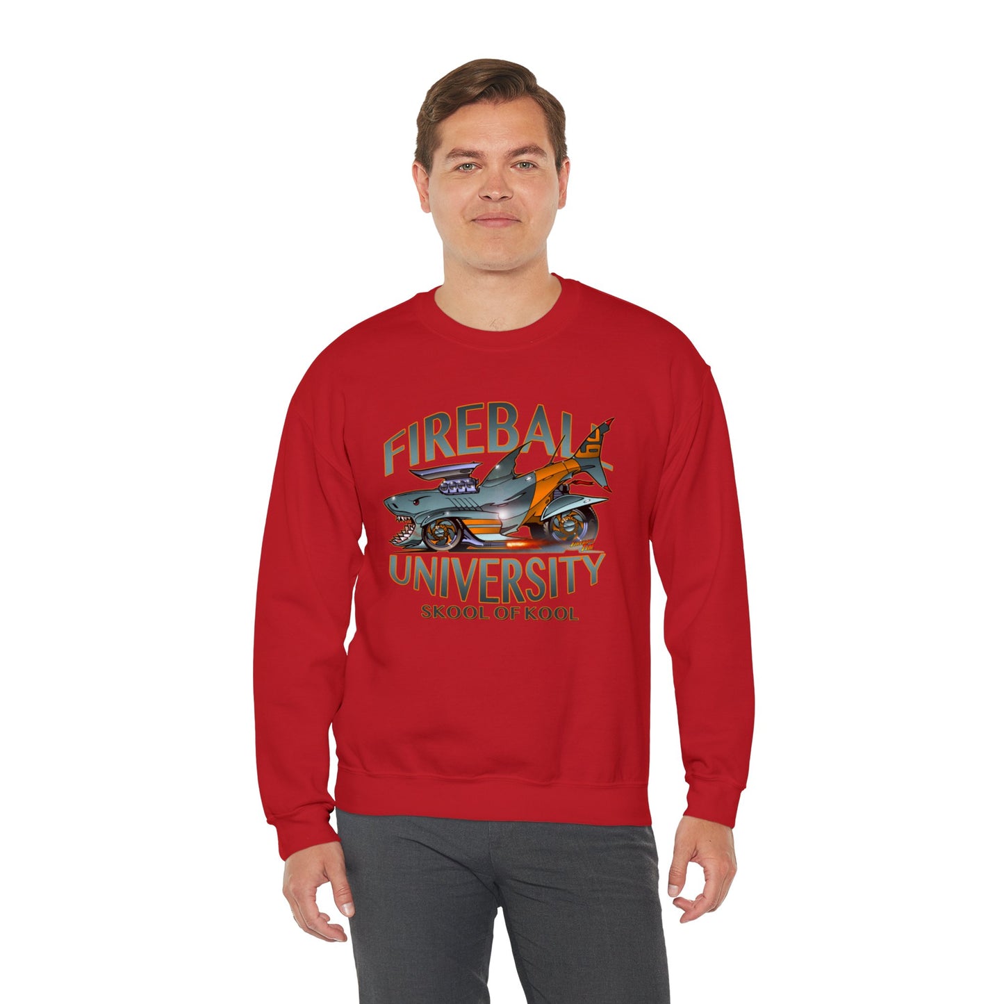 FIREBALL UNIVERSITY Skool of Kool Maneater Shark Hot Rod Concept Art Sweatshirt 5 Colors