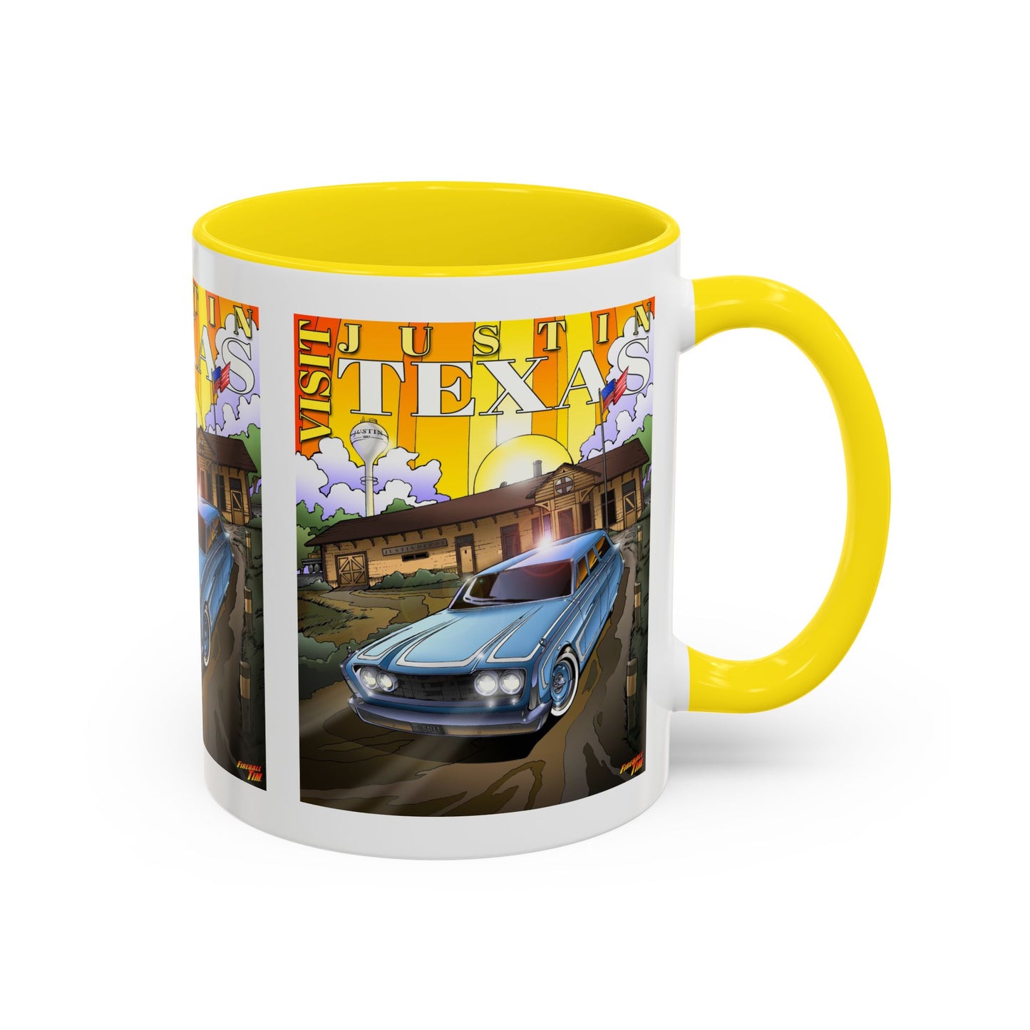 VISIT JUSTIN TEXAS 1960 Ford Ranch Wagon Fireball Art Coffee Mug