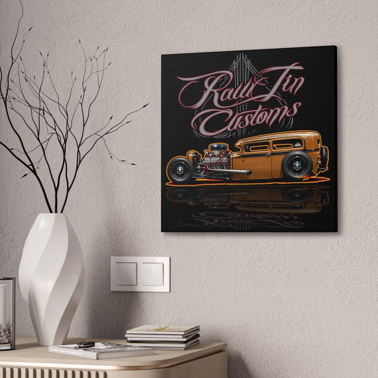 RAWTIN CUSTOMS HOT ROD Collectible Fireball Art Canvas Stretched Print