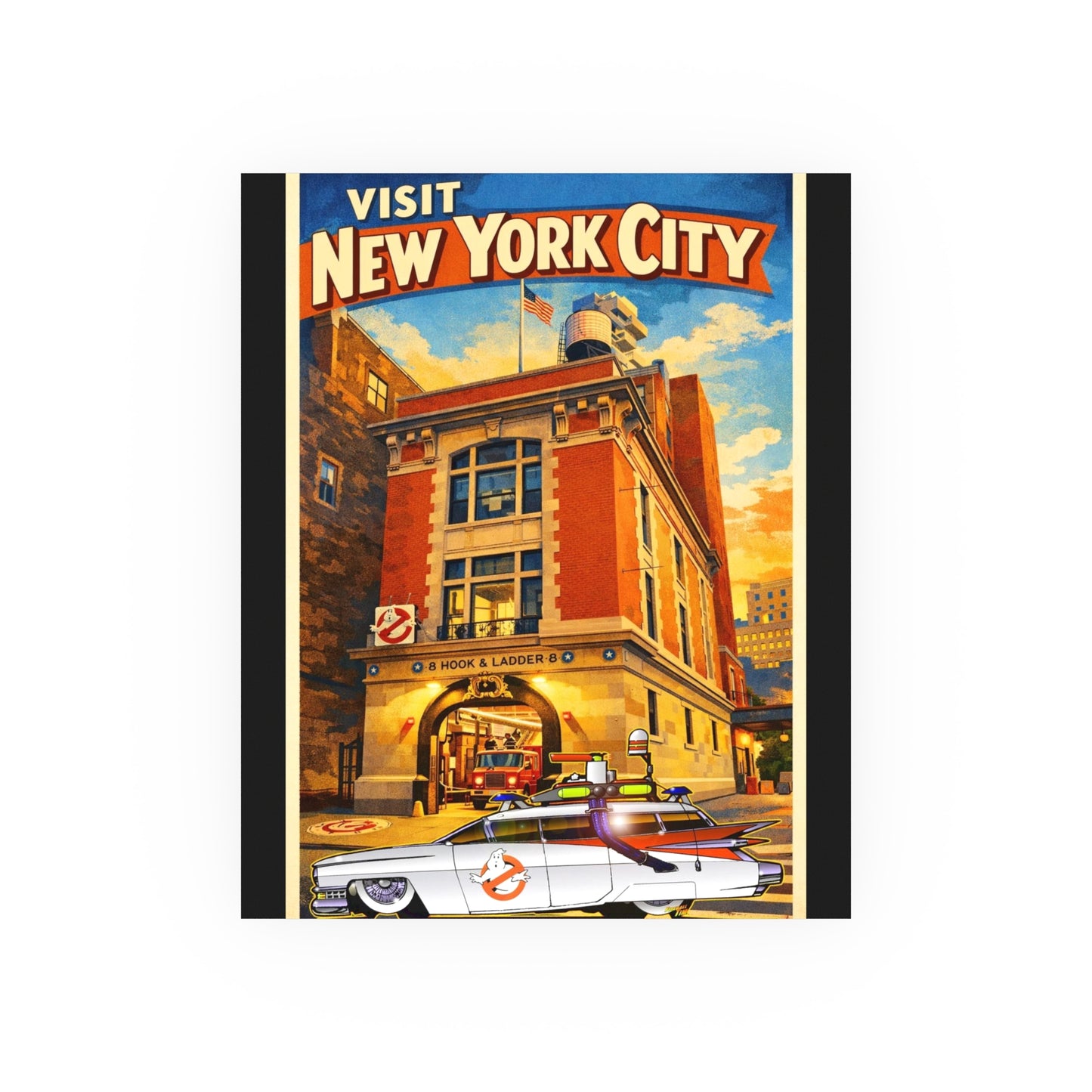 VISIT NEW YORK CITY Vintage Ghostbusters Cadillac Ambulance Fireball Art Travel Poster