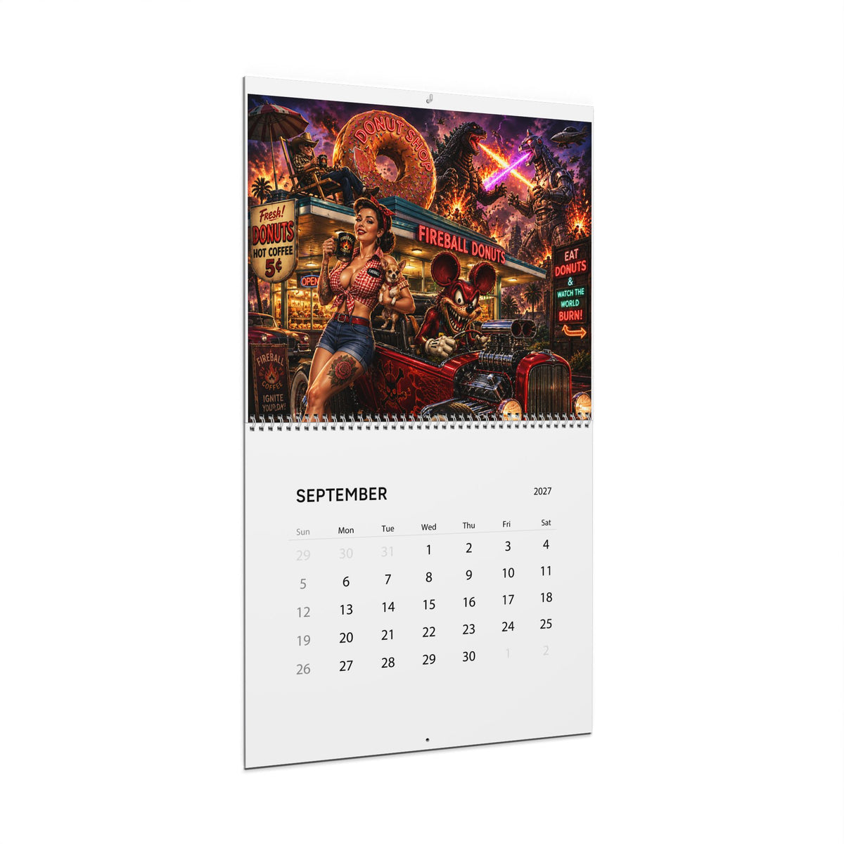 FIREBALL TIM GARAGE Coffee Pinup Art 2027 Wall Calendar - 8.5x11