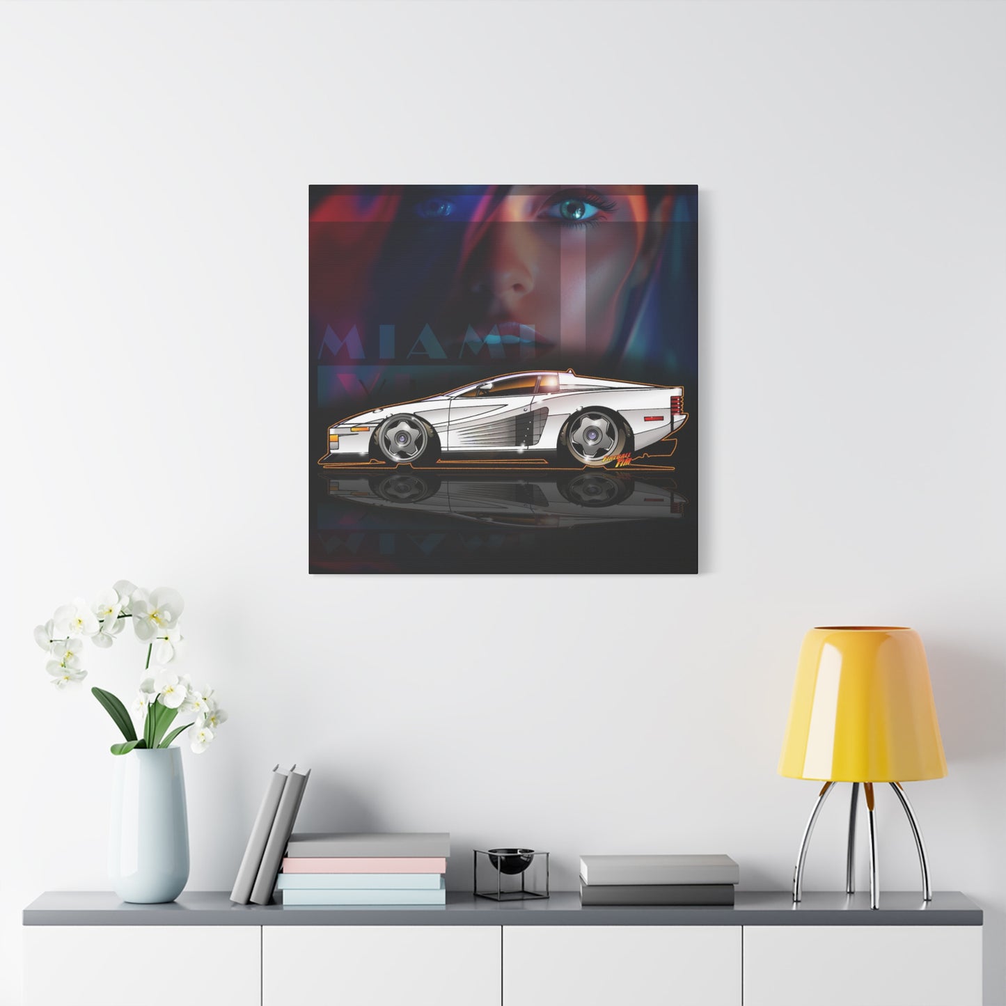 MIAMI VICE FERRARI TESTAROSSA Fireball Canvas Art Wall Print - 12x12
