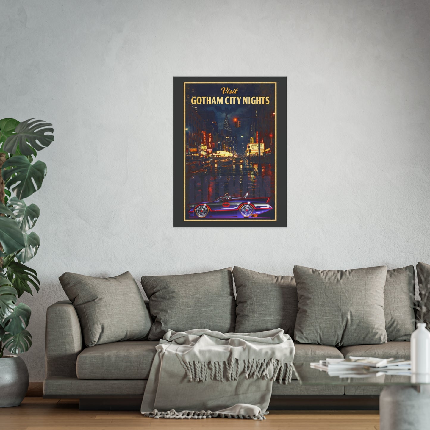 VISIT GOTHAM CITY NIGHTS 1966 Batmobile Vintage Fireball Art Travel Poster Satin/Matte