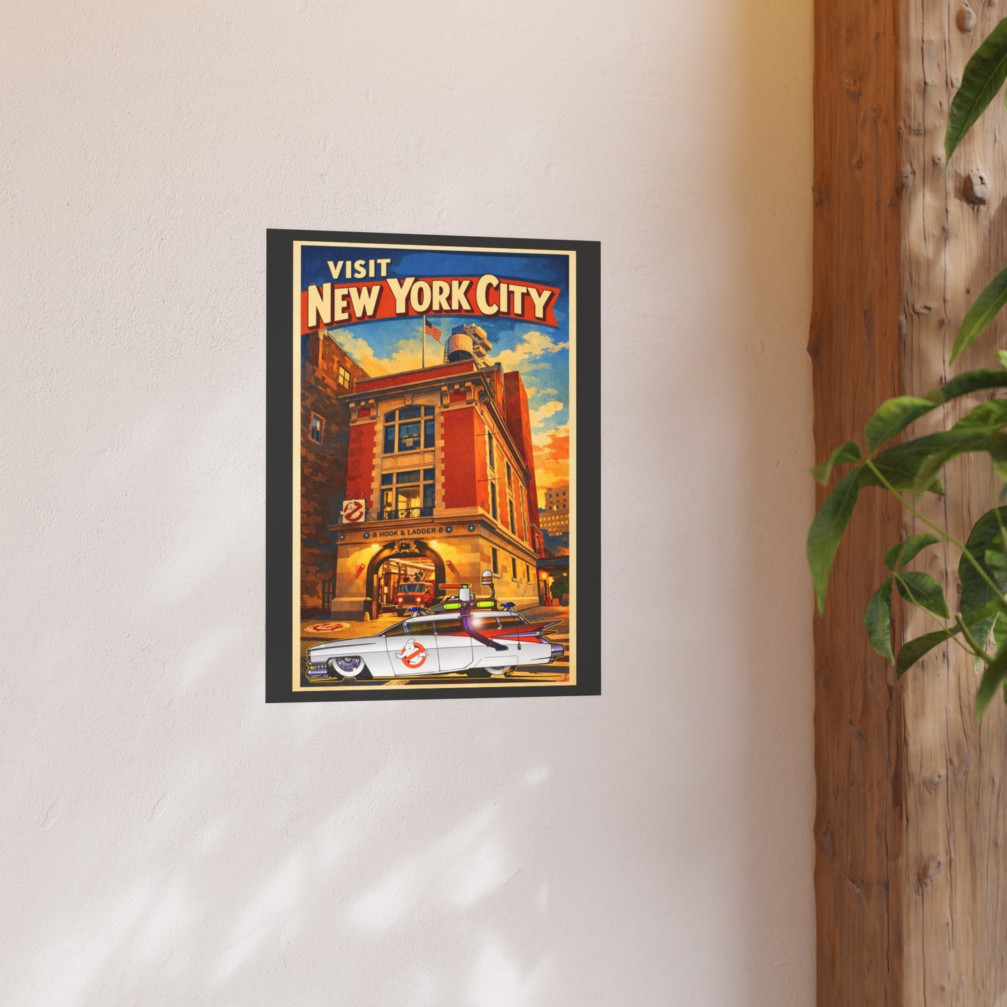 VISIT NEW YORK CITY Vintage Ghostbusters Cadillac Ambulance Fireball Art Travel Poster