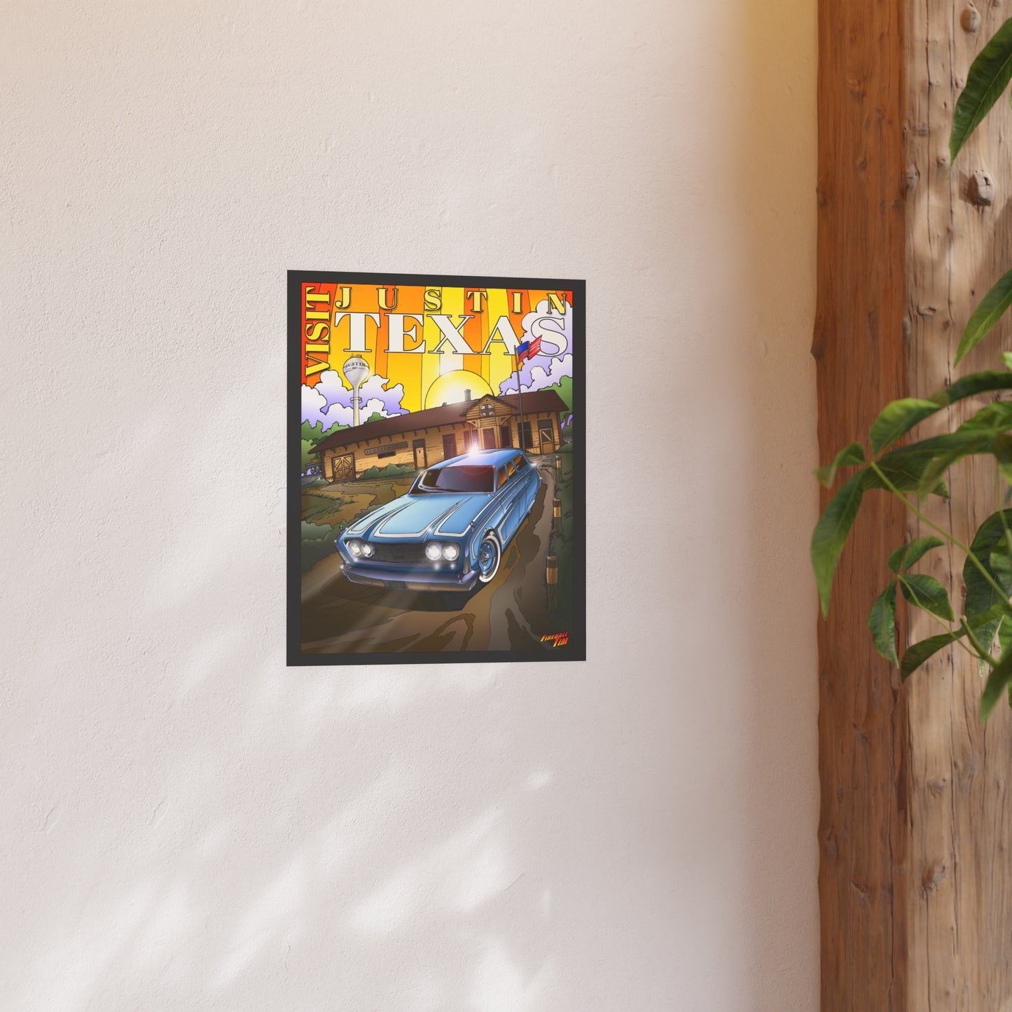 VISIT JUSTIN TEXAS Vintage 1960 Ford Ranch Wagon Satin/Matte Fireball Art Poster