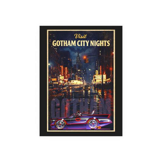 VISIT GOTHAM CITY NIGHTS 1966 Batmobile Vintage Fireball Art Travel Poster Satin/Matte