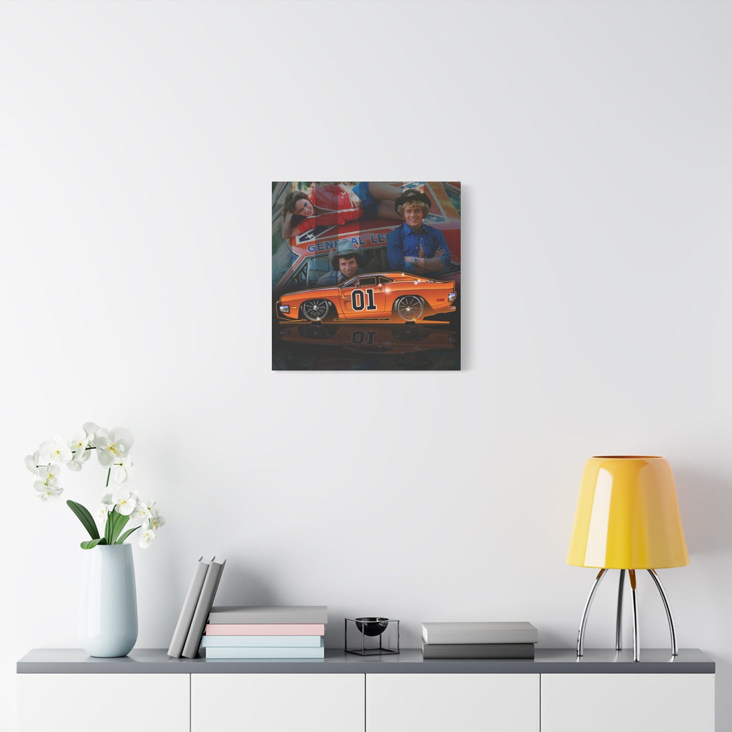 DUKES OF HAZZARD General Lee Dodge Charger Fireball Art Canvas Wall Print - 12x12