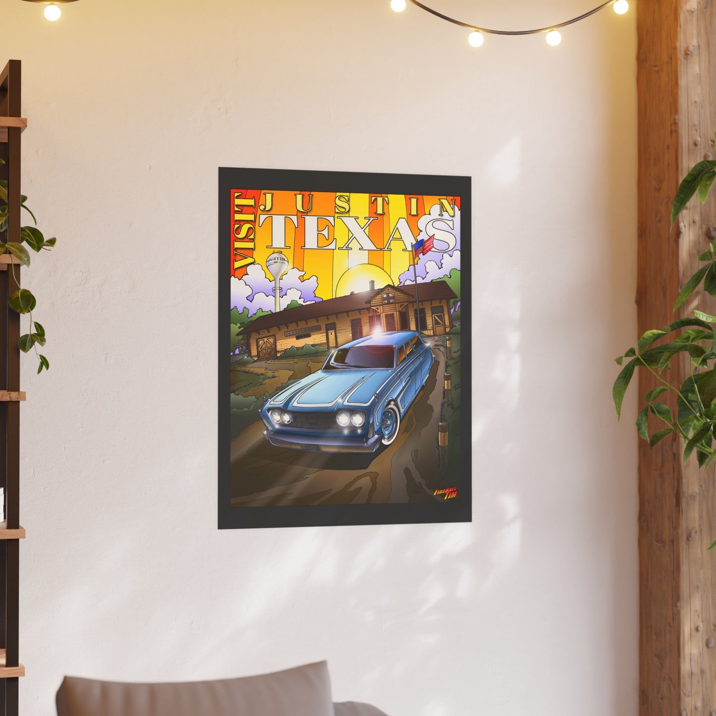 VISIT JUSTIN TEXAS Vintage 1960 Ford Ranch Wagon Satin/Matte Fireball Art Poster