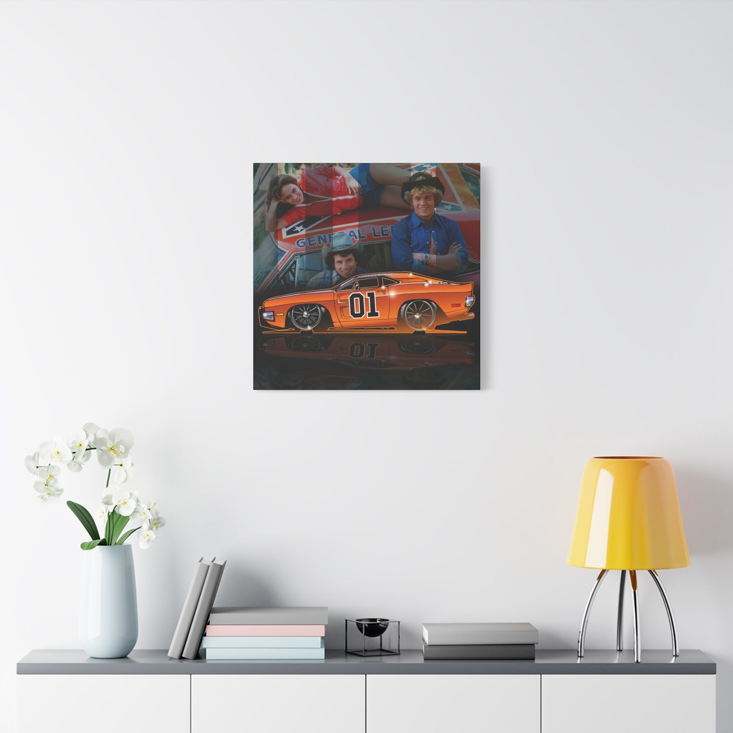 DUKES OF HAZZARD General Lee Dodge Charger Fireball Art Canvas Wall Print - 12x12
