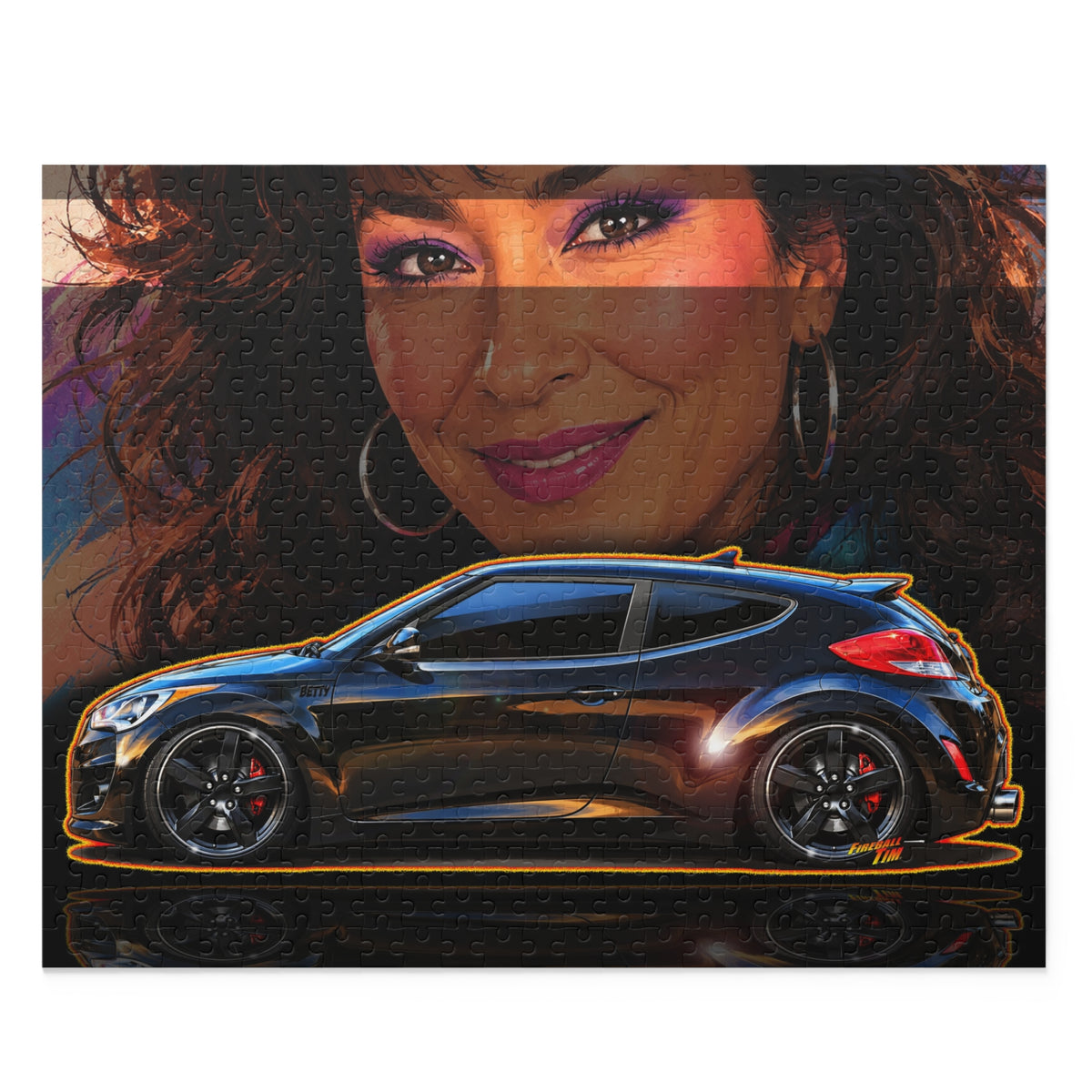 HYUNDAI VELOSTER 2012 Black Betty Collectible Fireball Art Jigsaw Puzzle — Retro Custom Cars (120/252/500‑Piece)