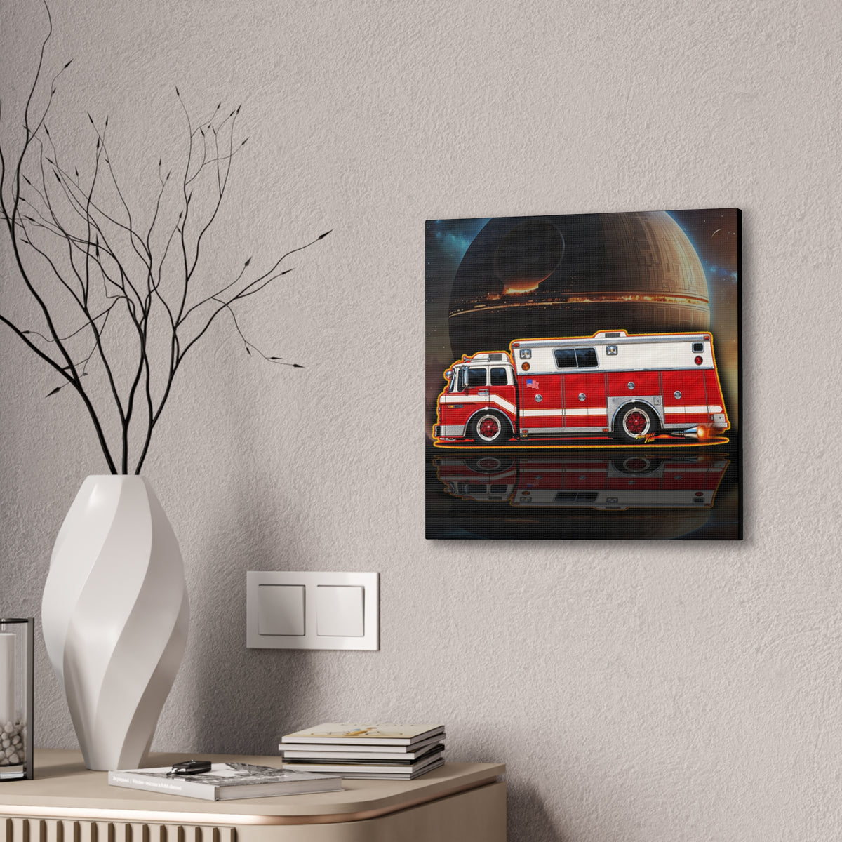 FIRE TRUCK Collectible Fireball Art Canvas Stretched Print