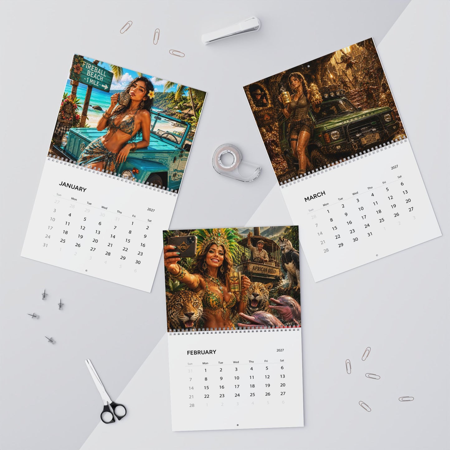 FIREBALL TIM GARAGE Coffee Pinup Art 2027 Wall Calendar - 8.5x11