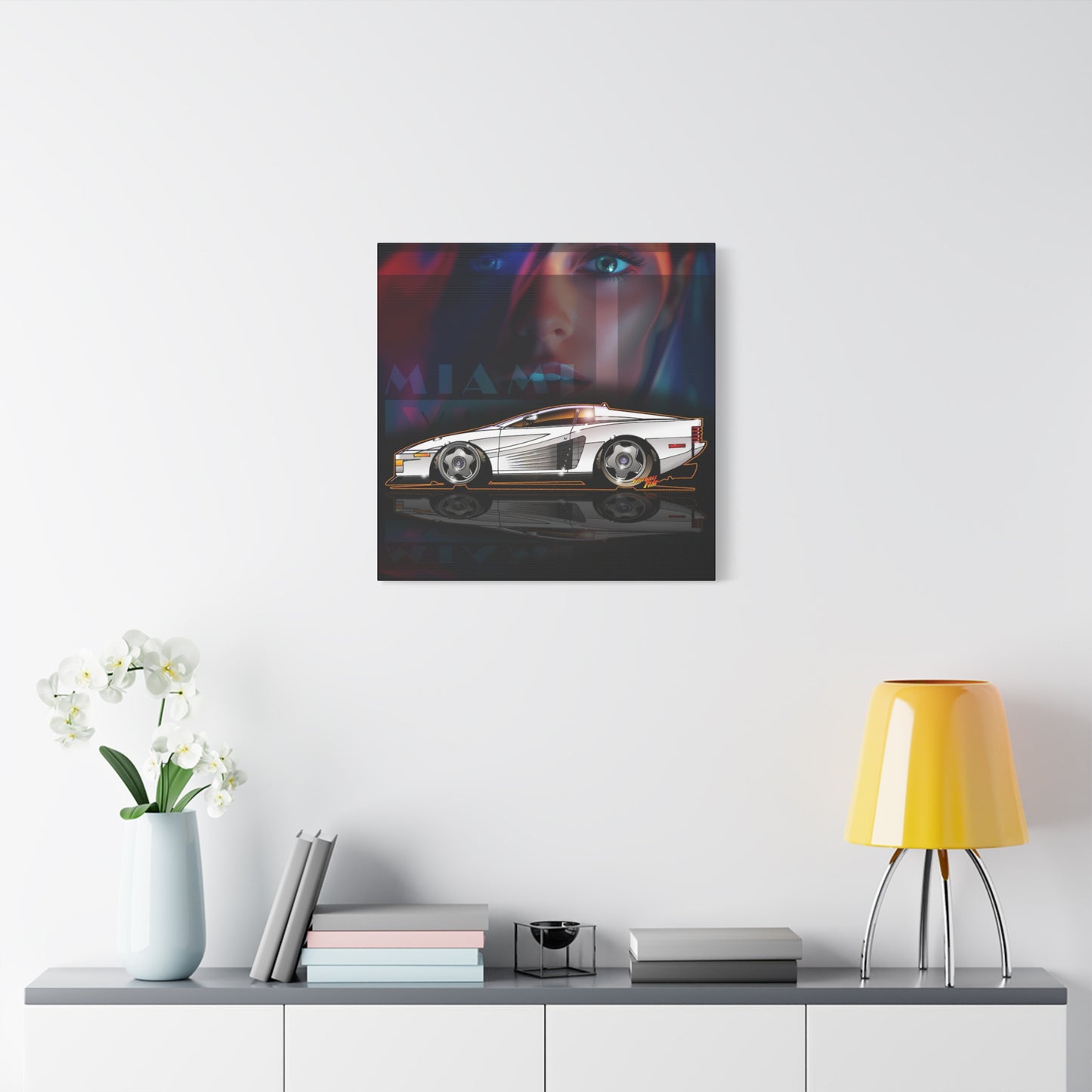 MIAMI VICE FERRARI TESTAROSSA Fireball Canvas Art Wall Print - 12x12