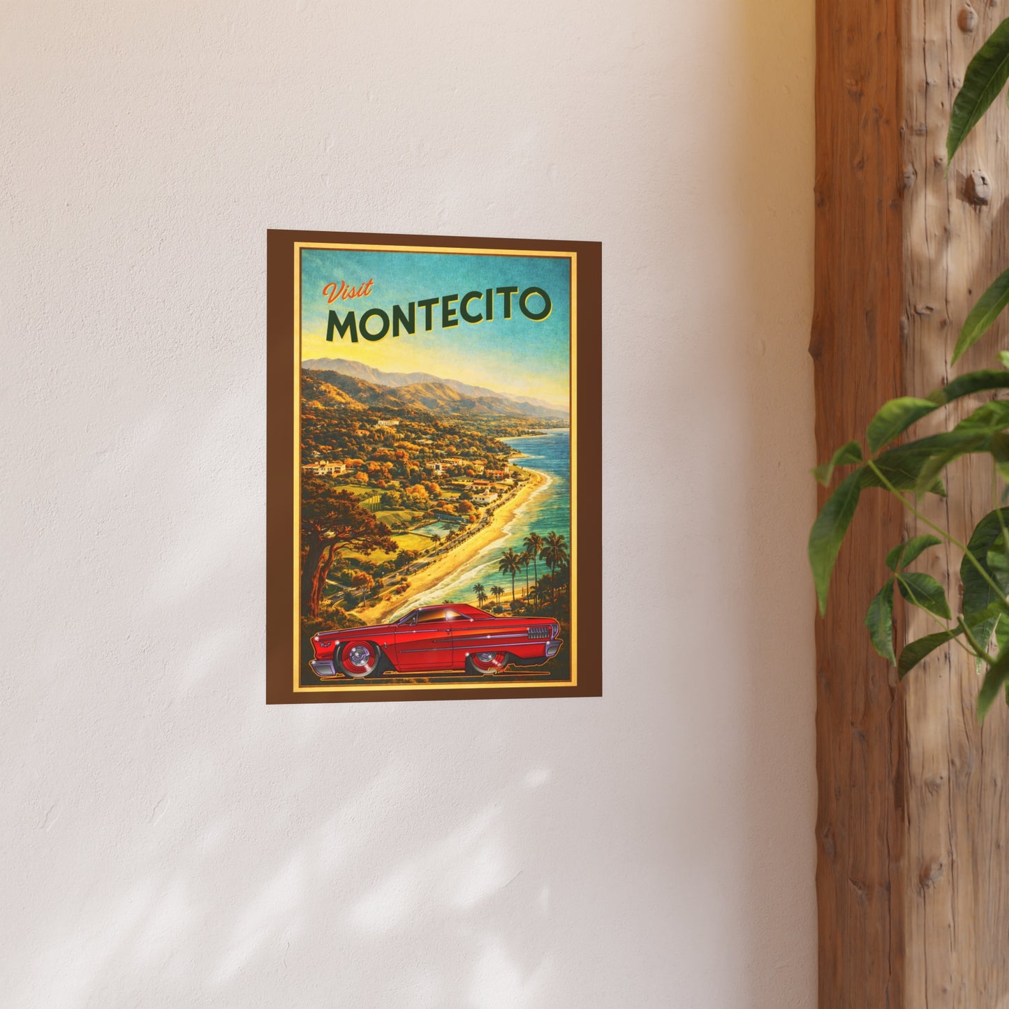 VISIT MONTECITO CALIFORNIA Ford Galaxie 500 Vintage Fireball Art Travel Poster