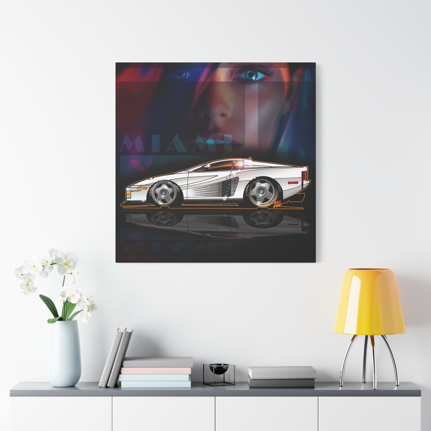 MIAMI VICE FERRARI TESTAROSSA Fireball Canvas Art Wall Print - 12x12