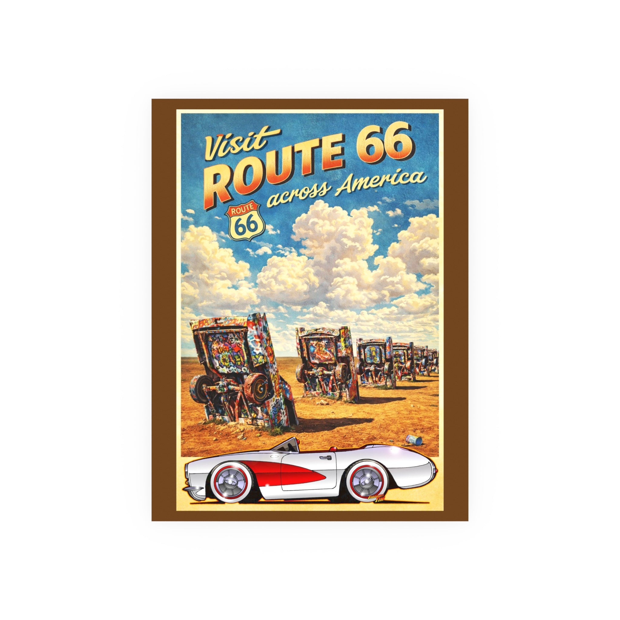 VISIT ROUTE 66 Cadillac Ranch Corvette #1 Vintage Fireball Art