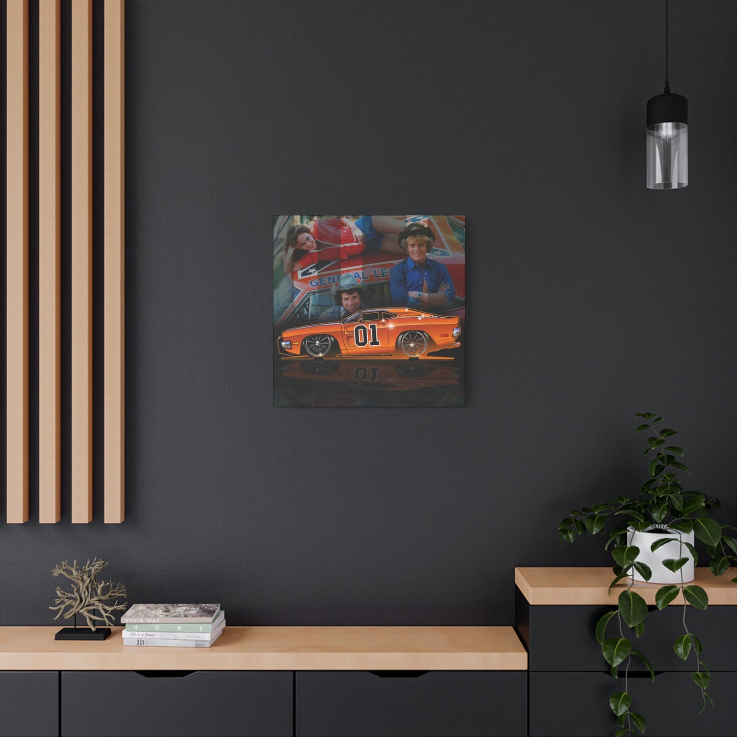 DUKES OF HAZZARD General Lee Dodge Charger Fireball Art Canvas Wall Print - 12x12