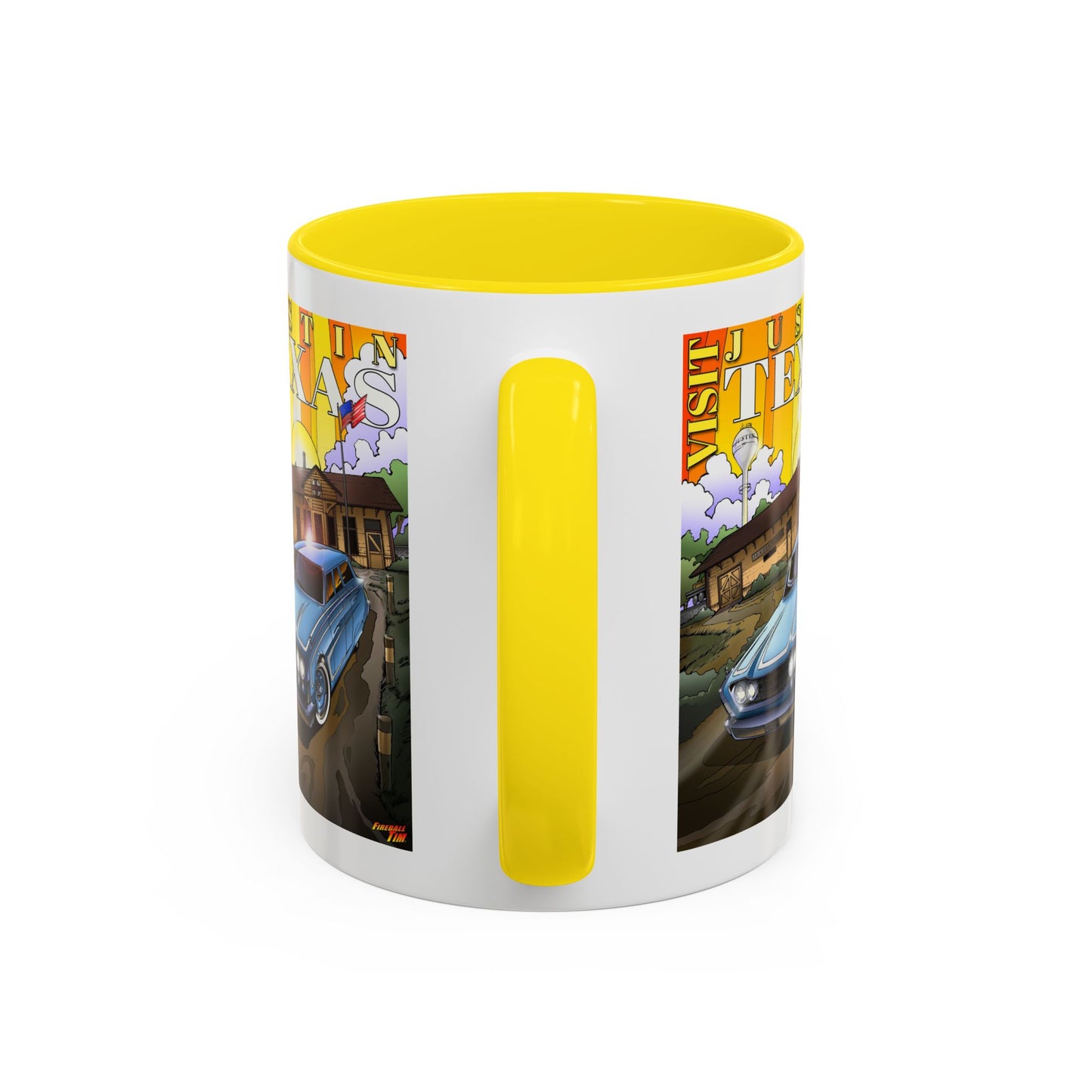 VISIT JUSTIN TEXAS 1960 Ford Ranch Wagon Fireball Art Coffee Mug