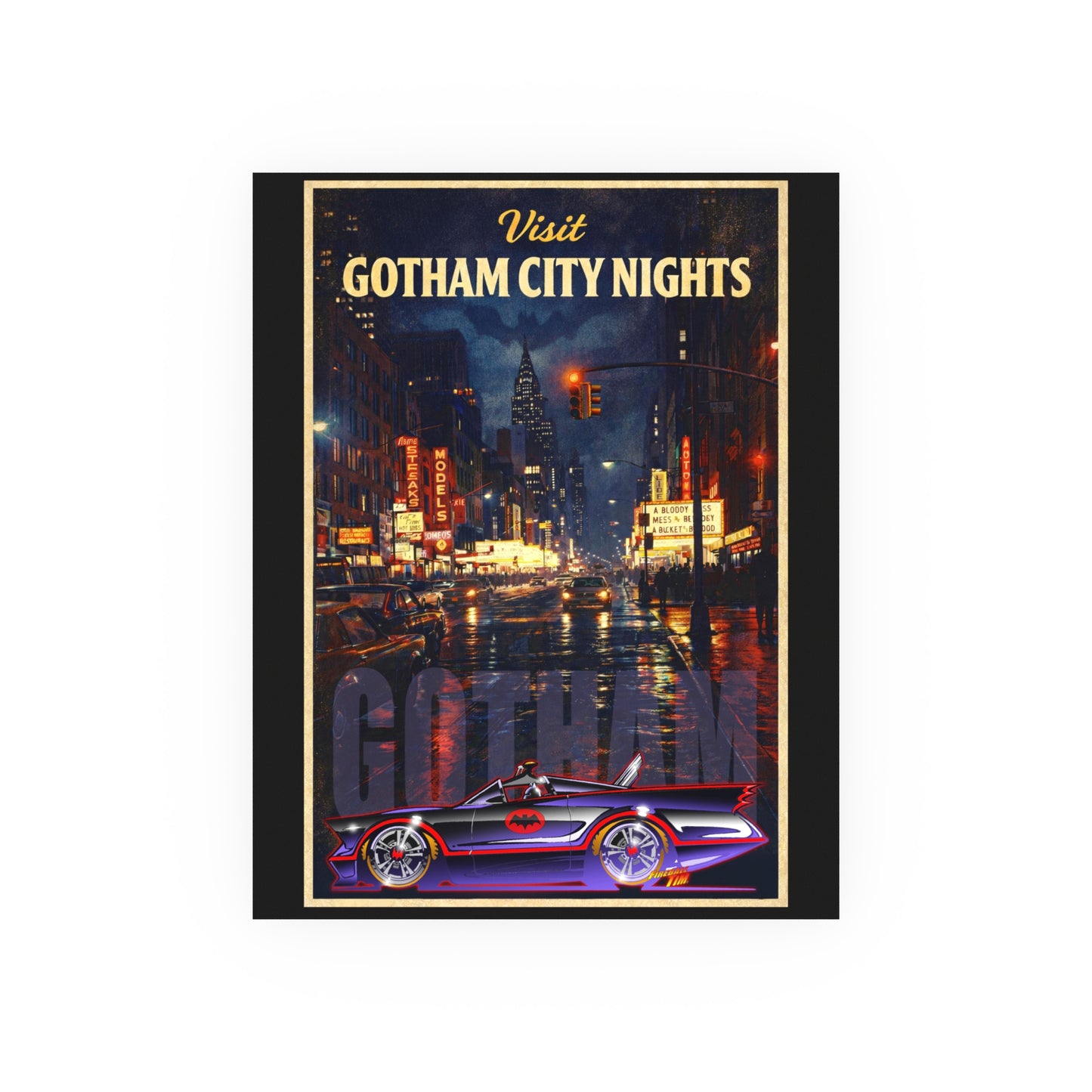 VISIT GOTHAM CITY NIGHTS 1966 Batmobile Vintage Fireball Art Travel Poster Satin/Matte
