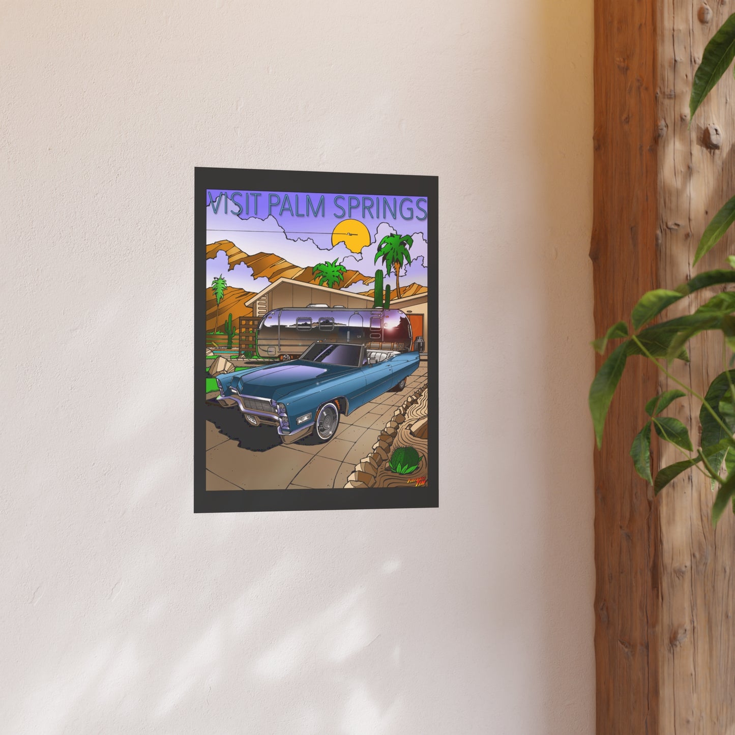 VISIT PALM SPRINGS Vintage 1965 Cadillac and Trailer Satin/Matte Fireball Art Poster