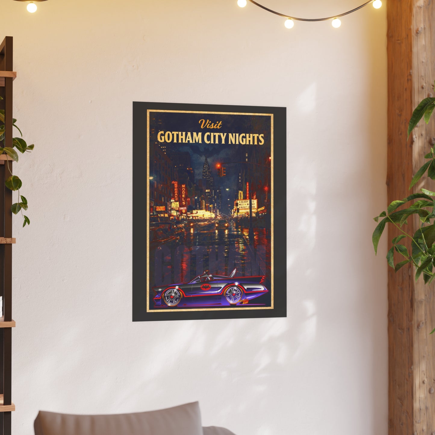 VISIT GOTHAM CITY NIGHTS 1966 Batmobile Vintage Fireball Art Travel Poster Satin/Matte