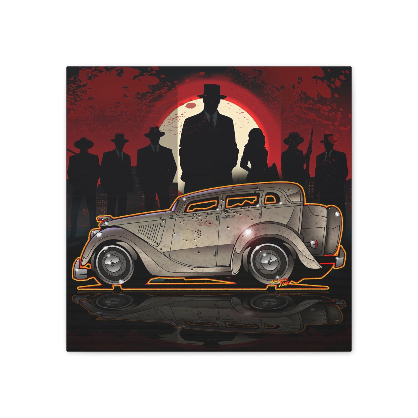 BONNIE & CLYDE 1934 Ford Model 730 Deluxe Sedan Fireball Art Canvas Print - 12x12