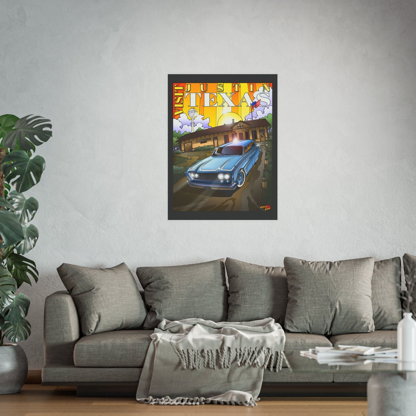 VISIT JUSTIN TEXAS Vintage 1960 Ford Ranch Wagon Satin/Matte Fireball Art Poster