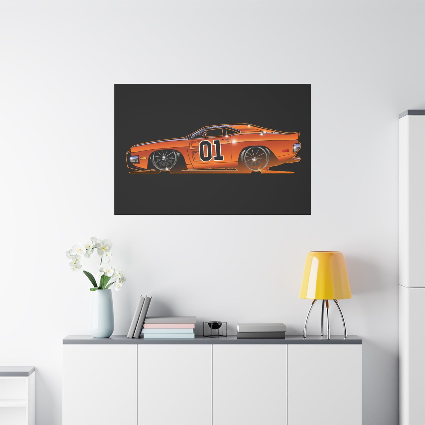 DUKES OF HAZZARD General Lee Dodge Charger Fireball Art Canvas Wall Print